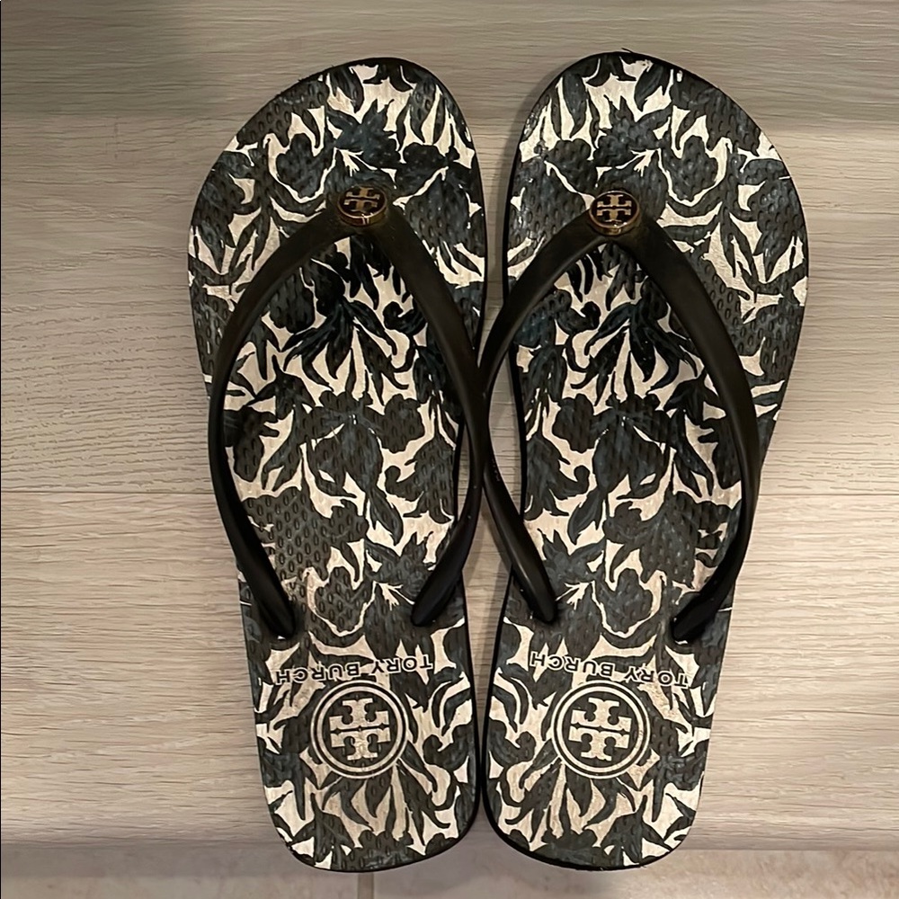 Tory Burch Black and White Floral Flip Flops